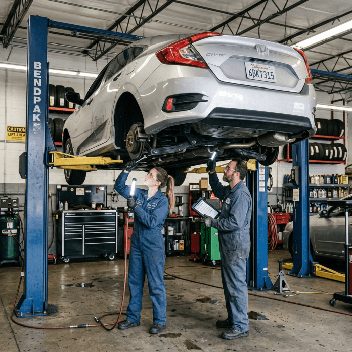 Two mechanics inspecting the underside of a silver Honda Civic lifted in an auto repair shop